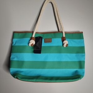 Tommy Hilfiger Green And Blue Stripped Canvas Tote  Beach Bag Purse NWT